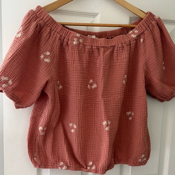 Solitaire Anthropologie size 1X pink daisy embroidered smocked top short sleeve - Picture 1 of 10